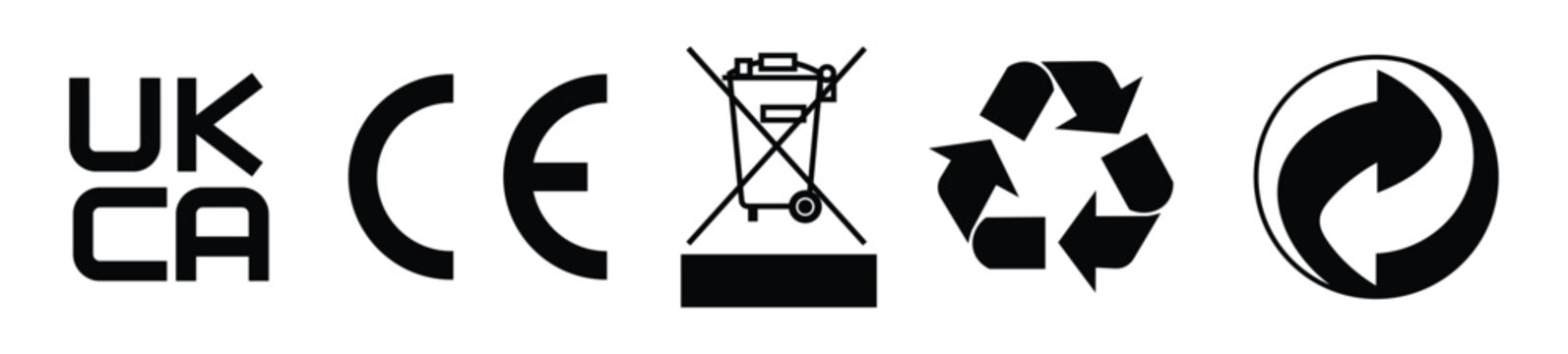 Vector icon set of recycling, disposal, and packaging symbols including Mobius loop, PAP code, 12M shelf life, and trash bin. Ideal for eco product labeling and sustainable packaging.