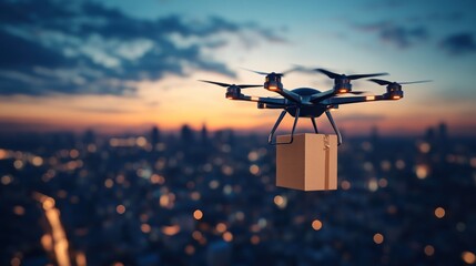 Drone delivering package at dusk over city