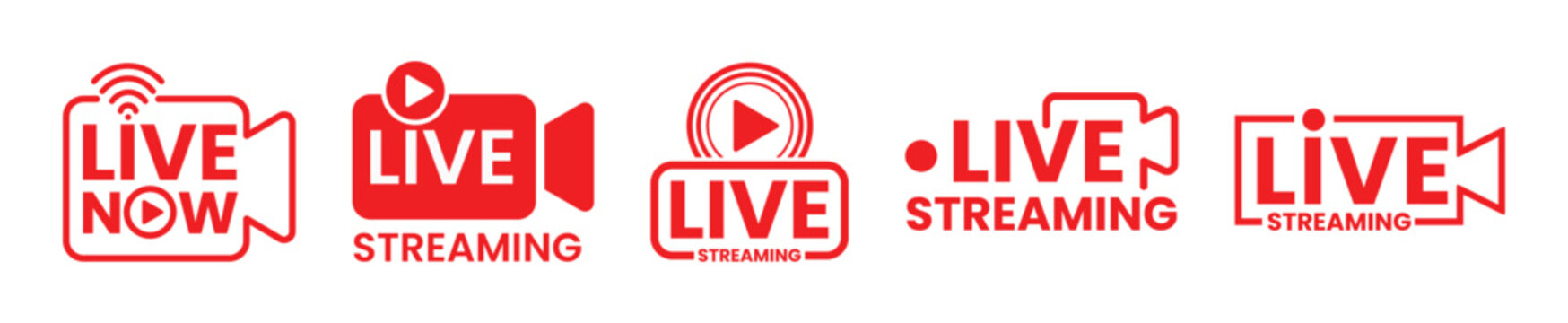 Live Streaming Icon Set with Buttons, Banners, Labels, Stickers and Stamps, Live Broadcasting and Online Video Stream Symbols, Watch Live Stream Social Media Logos, Vector Illustration