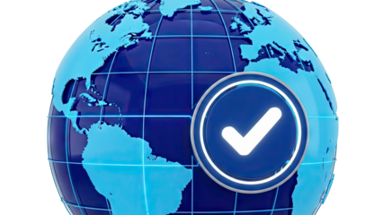 Digital globe with a prominent checkmark symbol