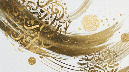 Gold Arabic calligraphy brush strokes on white background with circular patterns