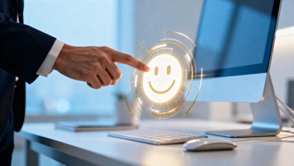 Business person interacting with digital smiley