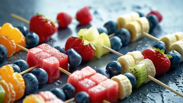 A collection of vibrant fruit skewers with assorted fruits such as strawberries, blueberries, watermelon, and kiwi arranged on wooden toothpicks against a dark blue backdrop.