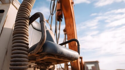 A worn excavator operator s seat and a corrugated hydraulic hose visible against a bright blue sky