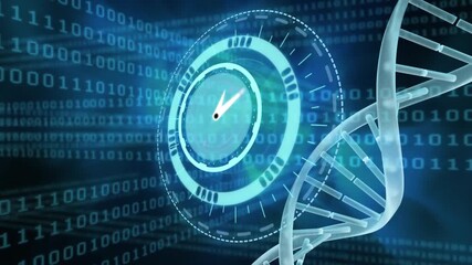 Animation of neon ticking clock, round scanner, dna structure, binary coding on blue background - Powered by Adobe