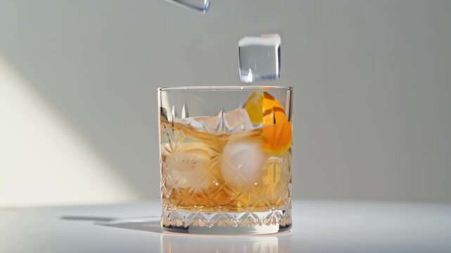 Cinematic 4K video, slow motion close-up crystal clear glass pristine white surface, filled old-fashioned cocktail, amber liquid shimmering, ice cubes clinking, orange peel garnish being dropped