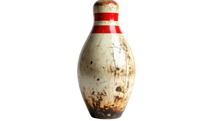 Isolated, used bowling pin, showing dirt, wear, and a red stripe around its neck