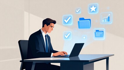 Businessman working on laptop with icons