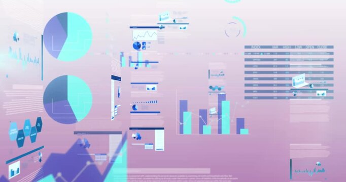 Animation of multiple graphs and trading board against gradient background