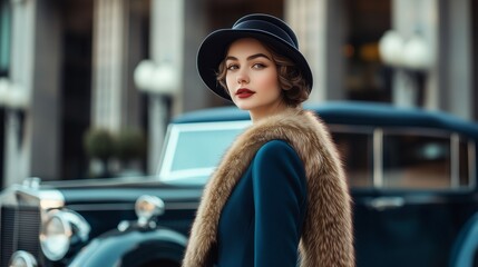 Elegant woman in vintage hat and fur stole posing by classic luxury car, evoking 1920s Gatsby glamour and sophisticated retro fashion style.