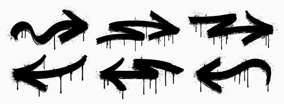 Set Grunge Graffiti arrows with bold spray paint strokes and rough texture. Ideal for posters, stickers, and urban design