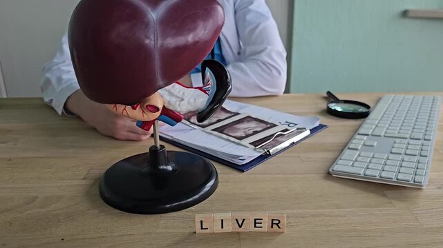 Doctor with human liver anatomy model. Liver cancer and tumor 