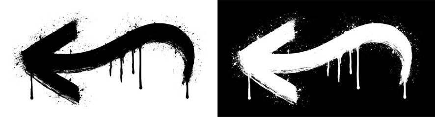 Curved grunge graffiti arrow pointing left in black and white style. Rough urban texture perfect for street art, posters, navigation graphics, and modern design projects