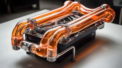 Custom PC water cooling system, orange tubes