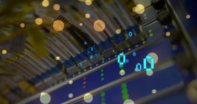 Animation of falling lens flares and looping binary codes over wires attached to modem