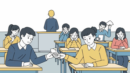 Students cheating on a test in a classroom with a teacher watching.