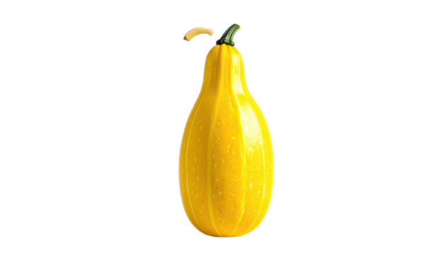 Isolated, yellow, gourd-like fruit, teardrop shape, with green stem, on a black background - Powered by Adobe