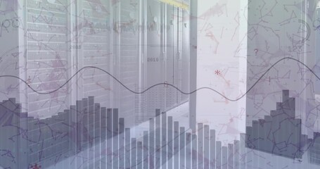 Animation of graphs with changing numbers and connected dots over server room - Powered by Adobe