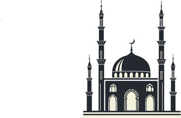 Simple Mosque Silhouette Illustration with Minarets and Dome for Islamic Festivals and Ramadan.