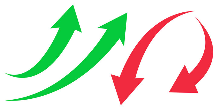 Green up arrows and red curved down arrow vector illustration, finance icon for growth vs decline for business, stock market, trading, analytics and investment.