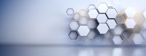 Hexagon cluster forms sleek corporate backdrop with depth and minimal copyspace.