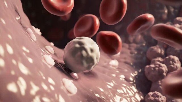 Blood vessels supplying a growing tumor, red blood cells flowing past uneven endothelial surfaces while white blood cells pause to inspect adhesion markers. 