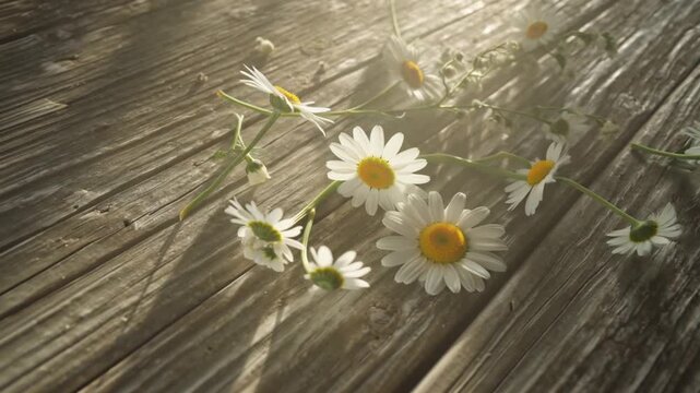  cinematic stock video of chamomile and daisy flowers arranged in elegant flat-lay pattern on textured wooden surface, sunlight streaming from side, casting dynamic moving shadows, soft warm glow