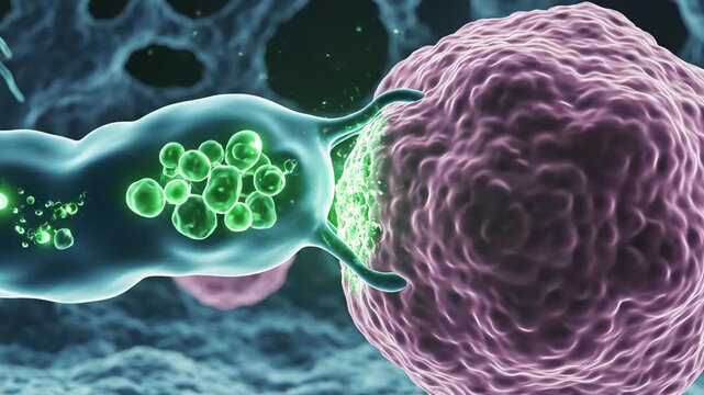 Natural killer (NK) cells approaching cancer cells, their surfaces glowing with faint pulsations indicating activation. Both cell types move slowly in a moist, structured microenvironment