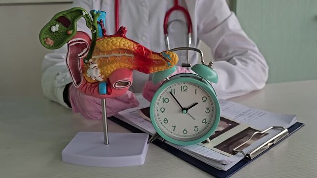 Medical professional demonstrates anatomy model pancreas with a clock, highlighting importance of time in health monitoring 