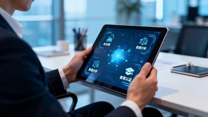 Business person using tablet with data analysis interface