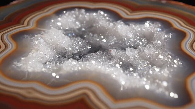Detailed closeup of a beautiful agate geode with crystals