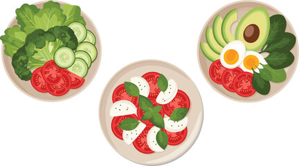 Fototapeta premium Healthy fresh salad bowl vector set with vegetables, avocado, eggs, mozzarella, and tomatoes in flat modern illustration style