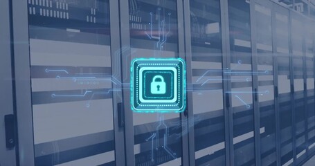 Animation of digital data processing, padlock icon, circuit board and computer servers - Powered by Adobe