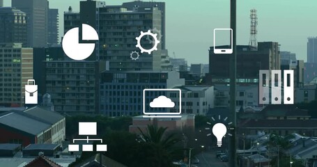 Animation of financial data processing over cityscape - Powered by Adobe