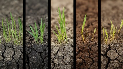 Grass sprouts growing in dry cracked earth soil