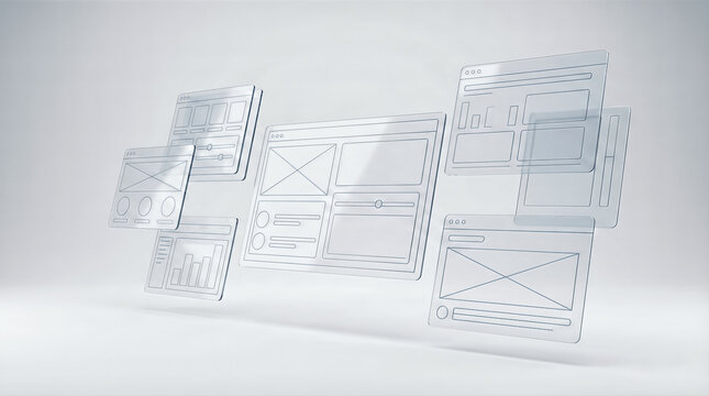 Futuristic 3D glass web interface wireframes floating on white background