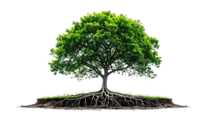 Large leafy tree with exposed roots on a patch of earth against a pure black backdrop