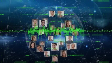 Animation of data processsing over globe with people icons