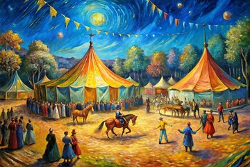 Painting of a carnival with a horse and rider in the center