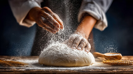 An elderly person is actively kneading homemade bread dough on a rustic wooden table