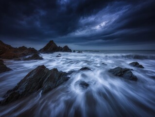 Obraz premium Ocean Waves Crashing Against Immovable Coastal Rock Formation, Long Exposure Water Motion, Sharp Rock Details, Deep Depth of Field, Dramatic Stormy Lighting