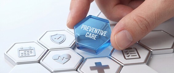Preventive Care Concept: Hand Holding Glass Tile with Health Icons