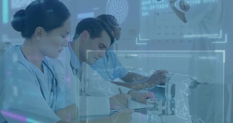 Medical professionals studying and writing, with data analysis animation over them - Powered by Adobe