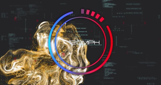 Speedometer animation showing 55 MPH over abstract background with flowing shapes and code