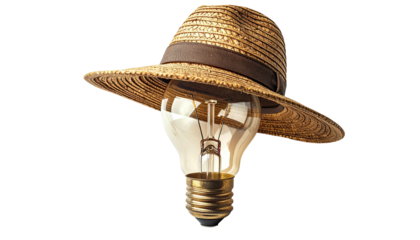 Light bulb wearing a straw hat on a transparent background, symbolizing an idea
