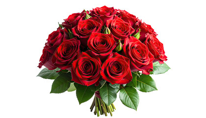 Obraz premium Lush bouquet of deep red roses, arranged beautifully, with green foliage, against a black backdrop