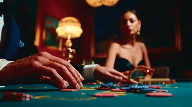 Hands playing poker at casino table under dramatic lighting expressing risk strategy gambling nightlife and social entertainment atmosphere