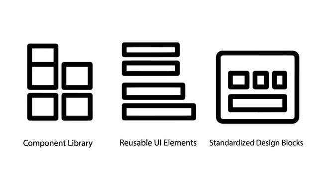 Set of user interface design icons featuring a component library, reusable UI elements, and standardized design blocks for website wireframing and application development projects