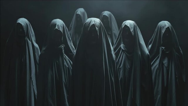 A group of people wearing long, dark hoods and cloaks stand together, their faces hidden in shadows.
