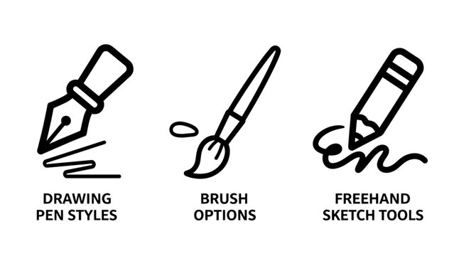 Creative digital art tool icons illustrating drawing pen styles, various brush options, and freehand sketch tools for illustrators and designers